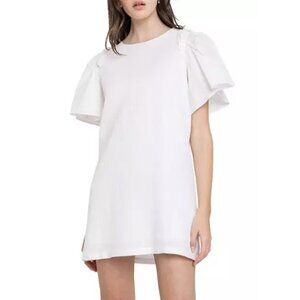 New English Factory White Woven Mixed Flutter Sleeve Dress, size L
